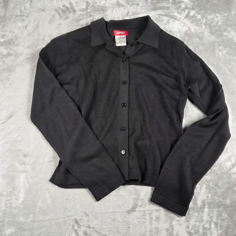 Esprit 90s Grunge Black Knit Button Up Polo Cardigan Sweater Top